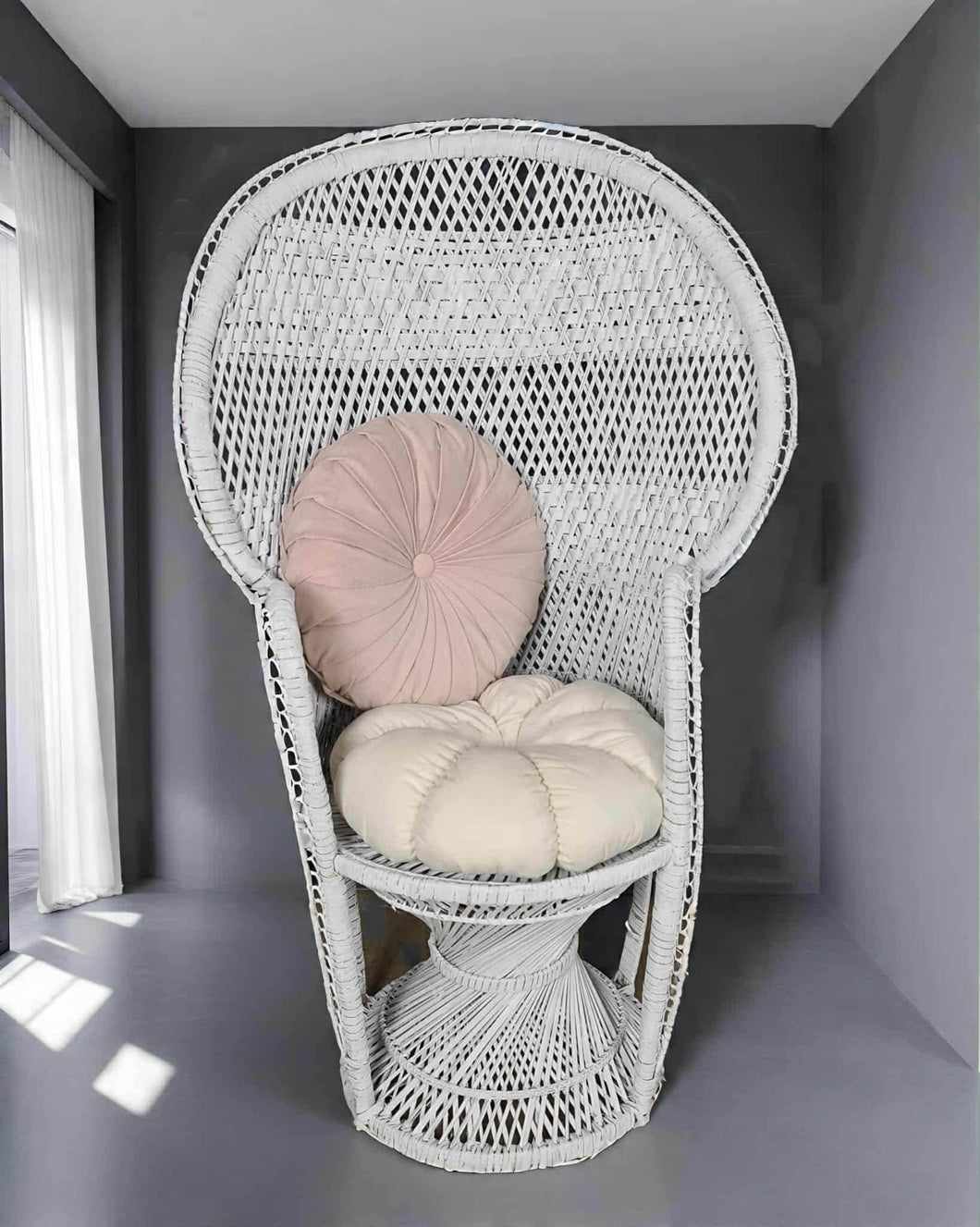 White peacock chair with cushions MEDIUM - HIRE ONLY