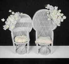 Load image into Gallery viewer, Bride &amp; Groom White peacock chairs with flowers - HIRE ONLY
