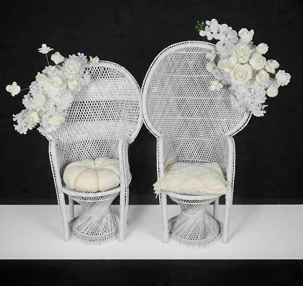 Bride & Groom White peacock chairs with flowers - HIRE ONLY