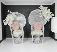 Load image into Gallery viewer, Bride &amp; Groom White peacock chairs with flowers - HIRE ONLY
