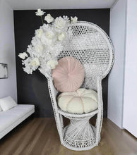 Load image into Gallery viewer, Bride &amp; Groom White peacock chairs with flowers - HIRE ONLY

