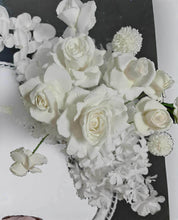 Load image into Gallery viewer, Bride &amp; Groom White peacock chairs with flowers - HIRE ONLY
