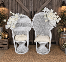 Load image into Gallery viewer, Bride &amp; Groom White peacock chairs with flowers - HIRE ONLY
