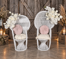 Load image into Gallery viewer, Bride &amp; Groom White peacock chairs with flowers - HIRE ONLY
