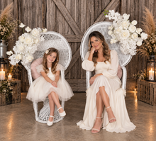 Load image into Gallery viewer, Bride &amp; Groom White peacock chairs with flowers - HIRE ONLY
