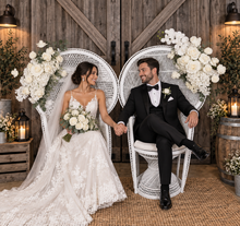 Load image into Gallery viewer, Bride &amp; Groom White peacock chairs with flowers - HIRE ONLY

