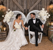 Load image into Gallery viewer, Bride &amp; Groom White peacock chairs with flowers - HIRE ONLY

