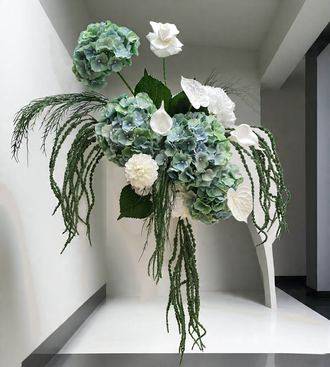 Popular green & white LARGE hanging flowers – Style 1 - HIRE ONLY
