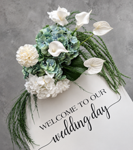 Load image into Gallery viewer, Green &amp; white flowers event welcome sign - HIRE ONLY
