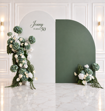Load image into Gallery viewer, White &amp; Olive arch &amp; 4 x green &amp; white flowers
