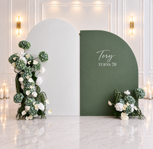Load image into Gallery viewer, White &amp; Olive arch &amp; 4 x green &amp; white flowers
