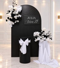 Load image into Gallery viewer, Black ripple arch, 2 x flowers &amp; 2 x plinths - HIRE ONLY
