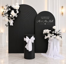 Load image into Gallery viewer, Black &amp; white package - 2 x Black arch, 2 x flowers &amp; 2 x plinths - HIRE ONLY
