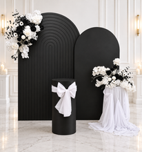 Load image into Gallery viewer, Black &amp; white package - 2 x Black arch, 2 x flowers &amp; 2 x plinths - HIRE ONLY
