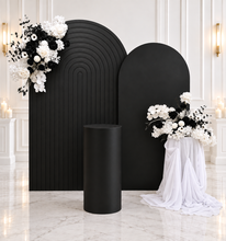 Load image into Gallery viewer, Black &amp; white package - 2 x Black arch, 2 x flowers &amp; 2 x plinths - HIRE ONLY

