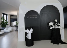Load image into Gallery viewer, Black &amp; white package - 2 x Black arch, 2 x flowers &amp; 2 x plinths - HIRE ONLY
