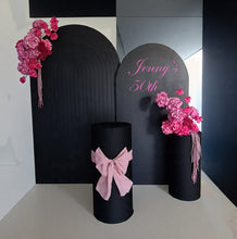 Load image into Gallery viewer, Black &amp; pink package - 2 x black arch, 2 x flowers &amp; 2 x plinths - HIRE ONLY
