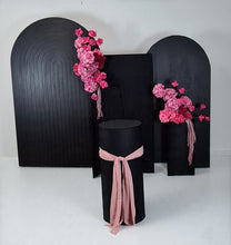 Load image into Gallery viewer, Black &amp; pink package - 3 x black arch, 2 x flowers &amp; 2 x plinths - HIRE ONLY

