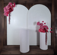 Load image into Gallery viewer, Pink package – 2 x white arch, 2 x flowers, 1 x plinth - HIRE ONLY
