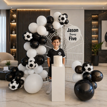 Load image into Gallery viewer, Kids Birthday BOY - Mesh backdrop, balloons &amp; cake stand - HIRE ONLY
