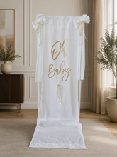 Load image into Gallery viewer, Oh Baby White &amp; Gold Fabric Welcome Sign - HIRE ONLY
