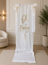 Load image into Gallery viewer, Oh Baby White &amp; Gold Fabric Welcome Sign - HIRE ONLY
