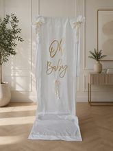 Load image into Gallery viewer, Oh Baby White &amp; Gold Fabric Welcome Sign - HIRE ONLY
