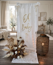Load image into Gallery viewer, Oh Baby White &amp; Gold Fabric Welcome Sign &amp; Flower Arrangement - HIRE ONLY
