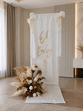 Load image into Gallery viewer, Oh Baby White &amp; Gold Fabric Welcome Sign &amp; Flower Arrangement - HIRE ONLY
