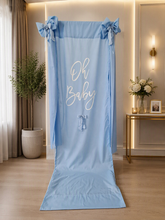 Load image into Gallery viewer, Oh Baby Blue &amp; White Fabric Welcome Sign - HIRE RANGE
