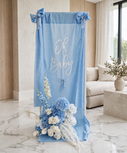 Load image into Gallery viewer, Oh Baby Blue &amp; White Fabric Welcome Sign &amp; Flower Arrangement - HIRE ONLY
