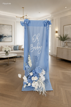 Load image into Gallery viewer, Oh Baby Blue &amp; White Fabric Welcome Sign &amp; Flower Arrangement - HIRE ONLY
