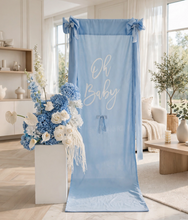 Load image into Gallery viewer, Oh Baby Blue &amp; White Fabric Welcome Sign &amp; Flower Arrangement - HIRE ONLY
