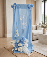 Load image into Gallery viewer, Oh Baby Blue &amp; White Fabric Welcome Sign &amp; Flower Arrangement - HIRE ONLY
