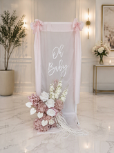 Load image into Gallery viewer, Oh Baby Pale pink &amp; White Fabric Welcome Sign &amp; Flower Arrangement - HIRE ONLY
