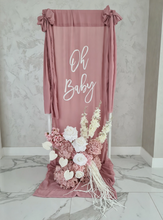 Load image into Gallery viewer, Oh Baby Dusty pink &amp; White Fabric Welcome Sign &amp; Flower Arrangement - HIRE ONLY
