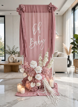 Load image into Gallery viewer, Oh Baby Dusty pink &amp; White Fabric Welcome Sign &amp; Flower Arrangement - HIRE ONLY
