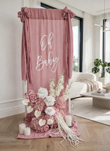 Load image into Gallery viewer, Oh Baby Dusty pink &amp; White Fabric Welcome Sign &amp; Flower Arrangement - HIRE ONLY
