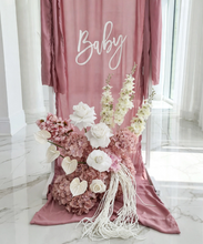 Load image into Gallery viewer, Oh Baby Dusty pink &amp; White Fabric Welcome Sign &amp; Flower Arrangement - HIRE ONLY
