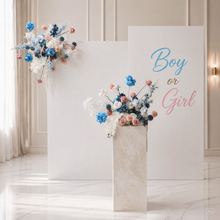 Load image into Gallery viewer, Gender reveal Package 2 x rectangular backdrop, 2 x blue / pink flowers &amp; cake stand - HIRE ONLY
