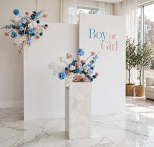 Load image into Gallery viewer, Gender reveal Package 2 x rectangular backdrop, 2 x blue / pink flowers &amp; cake stand - HIRE ONLY
