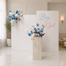 Load image into Gallery viewer, Gender reveal Package 2 x rectangular backdrop, 2 x blue / pink flowers &amp; cake stand - HIRE ONLY
