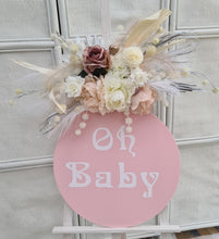 Load image into Gallery viewer, Baby Shower  Oh Baby welcome sign w Blush Flowers - HIRE ONLY
