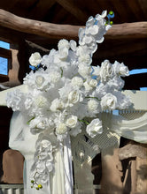 Load image into Gallery viewer, White wooden arbour &amp; flowers w macrame - Basic - HIRE ONLY
