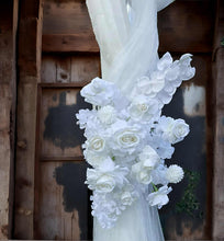 Load image into Gallery viewer, White wooden arbour &amp; flowers w macrame - Basic - HIRE ONLY
