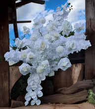 Load image into Gallery viewer, White wooden arbour &amp; flowers w macrame - Basic - HIRE ONLY
