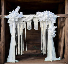 Load image into Gallery viewer, White wooden arbour &amp; flowers w macrame - Advanced - HIRE ONLY
