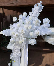 Load image into Gallery viewer, White wooden arbour &amp; flowers w macrame - Advanced - HIRE ONLY
