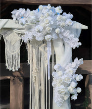 Load image into Gallery viewer, White wooden arbour &amp; flowers w macrame - Advanced - HIRE ONLY
