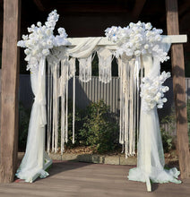Load image into Gallery viewer, White wooden arbour &amp; flowers w macrame - Advanced - HIRE ONLY
